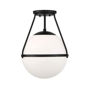 13 in. W x 17.25 in. H 1-Light Matte Black Semi-Flush Mount Ceiling Light with Opal Glass Shade