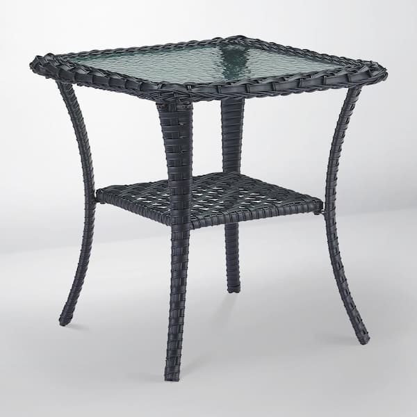 Opohoro PlainCurve Black Square Wicker Outdoor Side Table with Tempered Glass Top and Lower Wicker Storage Shelf