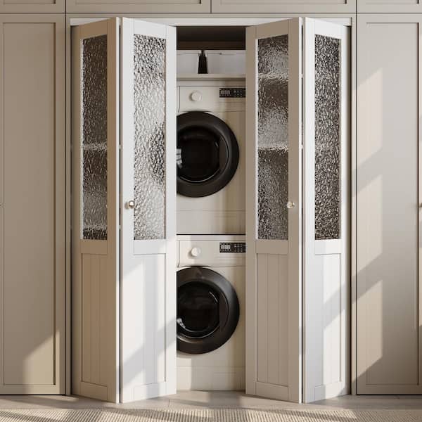 60 in. x 80 in. 1/2 Lite Tempered Kasumi Ripple Glass Solid Core White Finished Closet MDF Bifold Door with Hardware