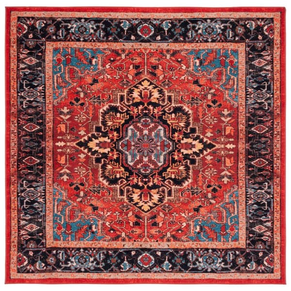 SAFAVIEH Riviera Red/Blue 7 ft. x 7 ft. Machine Washable Medallion Border Geometric Square Area Rug