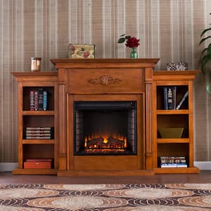 Greenfield 70.25 in. W Electric Fireplace with Bookcases in Glazed Pine