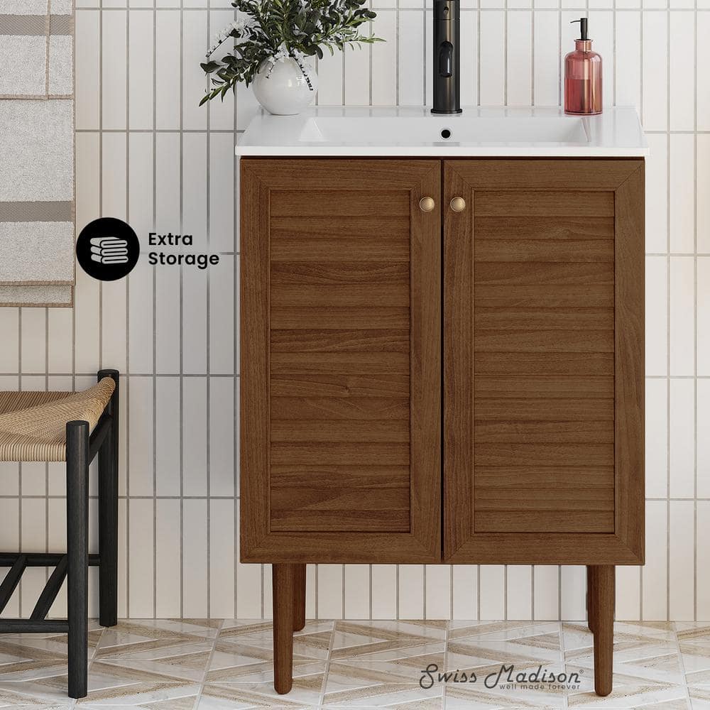 Bron 24" Brown Oak Freestanding Bathroom Vanity with White Sink Top
