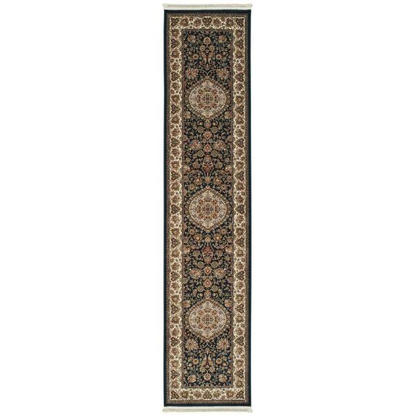 2 X 10 Dark Blue, Ivory Medallion Washable Area Rug Runner Rug