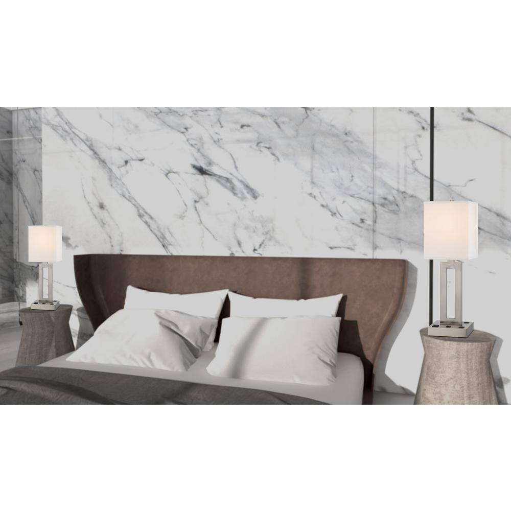 24" Nickel Metal Desk Lamp with USB and White Drum Shade