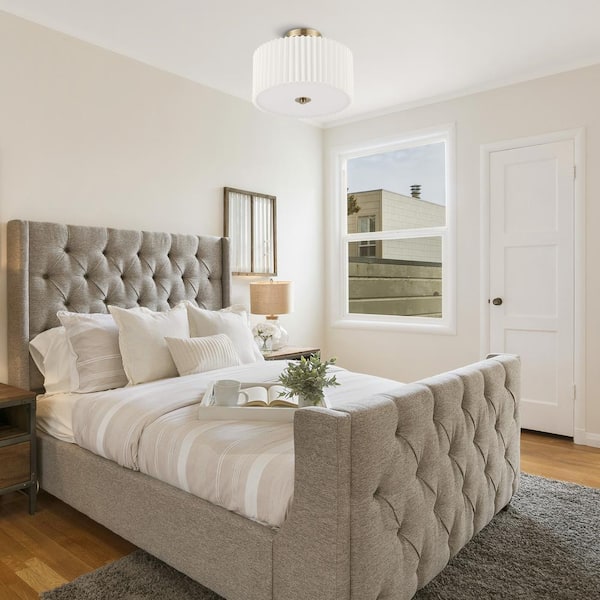 13 in. 2-Light Gold Semi Flush Mount with Pleated Drum Shade