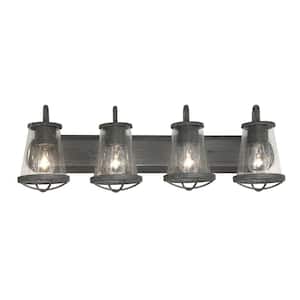 Georgina 30 in. 4-Light Weathered Iron Industrial Rustic Vanity with Clear Seeded Glass Shades and Cage Accents