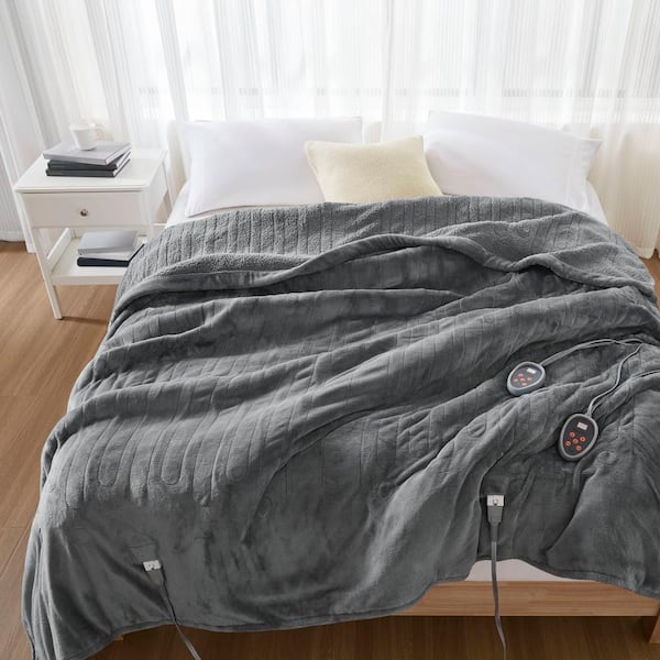 Beautyrest 62 in. x 84 in. Heated Microlight to Berber Grey Twin Blanket