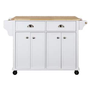 White Wood 52  in.. Kitchen Island with Storage Shelves, Rubber Wood Top, Adjustable Storage Shelves, 5-Wheels