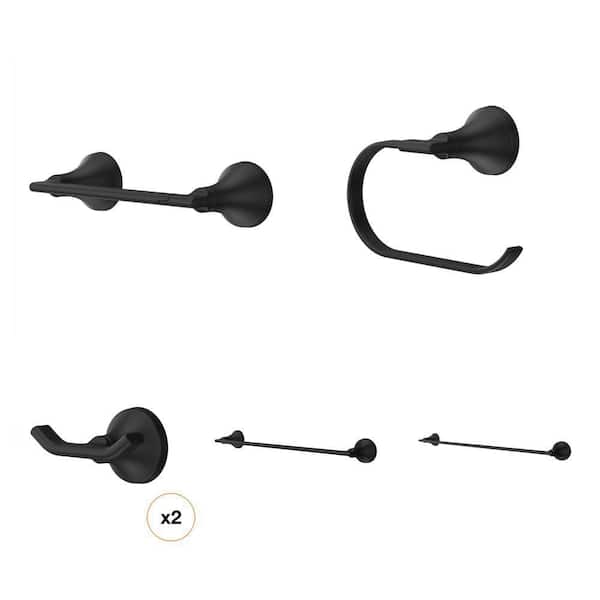 Vedra Matte Black Bath Hardware Set: Toilet Paper Holder, 24 in. & 18 in. Towel Bars, Robe Hook, Towel Ring (5 Piece)