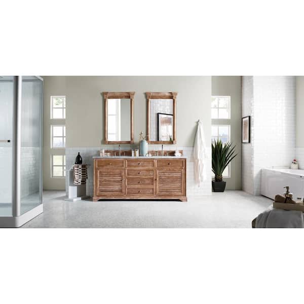 James Martin Vanities Savannah 72 in.W x 23.5 in.D x 34.3 in.H Double Vanity in Driftwood with Marble Top in Carrara White