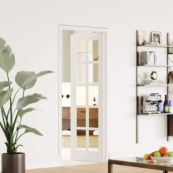 32 in. x 80 in. Composite, MDF, 10 Lite, Clear Glass, Primed, White Interior Door Slab Black Lever Handle