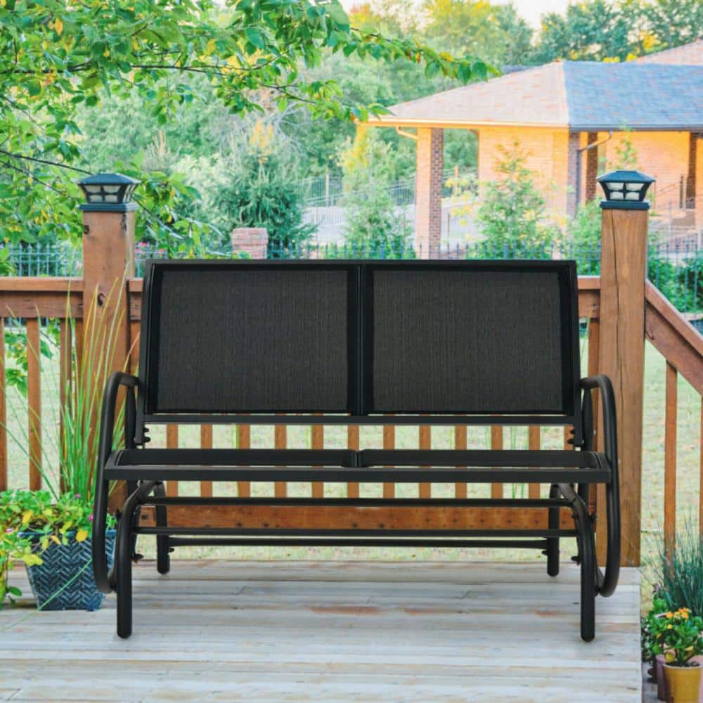 Black Steel Outdoor Glider Bench Loveseat with Mesh Fabric