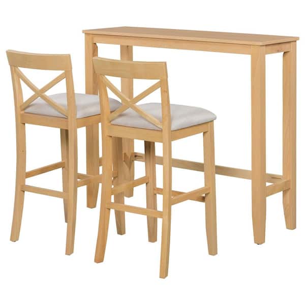 Quillan Farmhouse 3-Piece Rectangular Natural Wood Top Bar Height Dining Table Set with Upholstered Chairs (Seats 2)