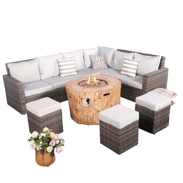moda furnishings Bonita 8-Piece Wicker Patio Conversation Set with Gray Cushions