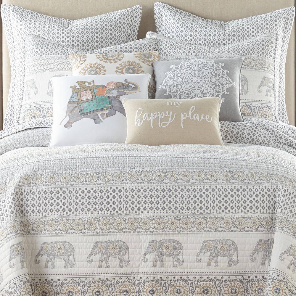 Nacala Gray and Taupe Cotton Full Quilt Set with Elephant Design