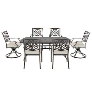 7-Piece Cast Aluminum Outdoor Dining Set Rectangle Table Flower-Shaped Backrest Swivel & Dining Chair with Beige Cushion