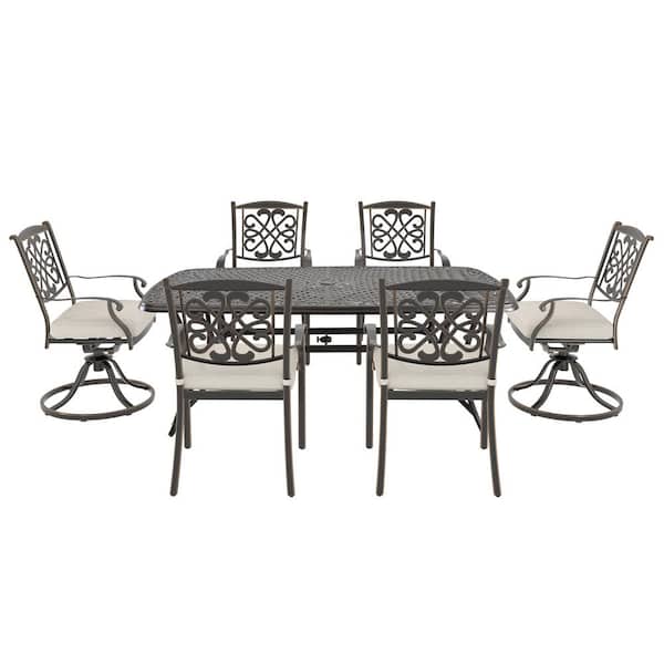 Mondawe 7-Piece Cast Aluminum Outdoor Dining Set Rectangle Table Flower-Shaped Backrest Swivel & Dining Chair with Beige Cushion