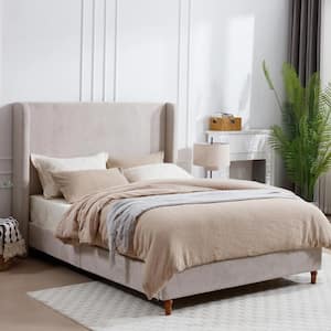 Harper Indoor Upholstered Metal Frame Tall Headboard Queen Platform Bed with Wingback, Light Gray