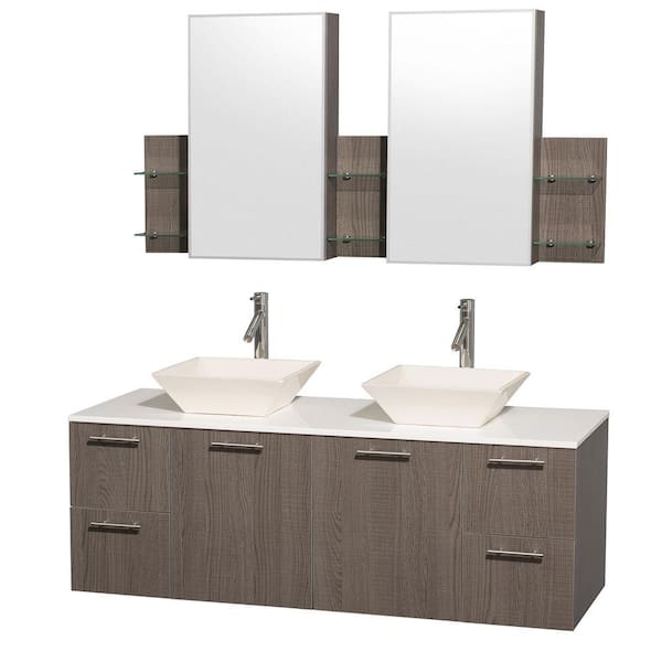 Wyndham Collection Amare 60 in. Double Vanity in Grey Oak with Man-Made Stone Vanity Top in White and Bone Porcelain Sinks