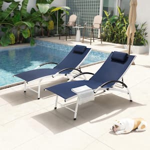 2-Piece Aluminum Adjustable Outdoor Chaise Lounge with Headrest in Navy Blue