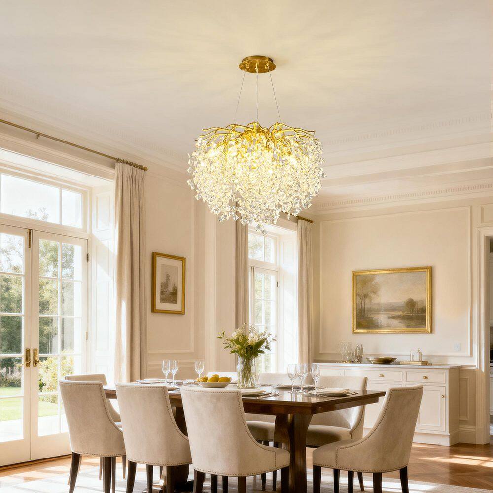 Basdien 23 in. Gold Crystal Chandelier, 10-Light Round Raindrop