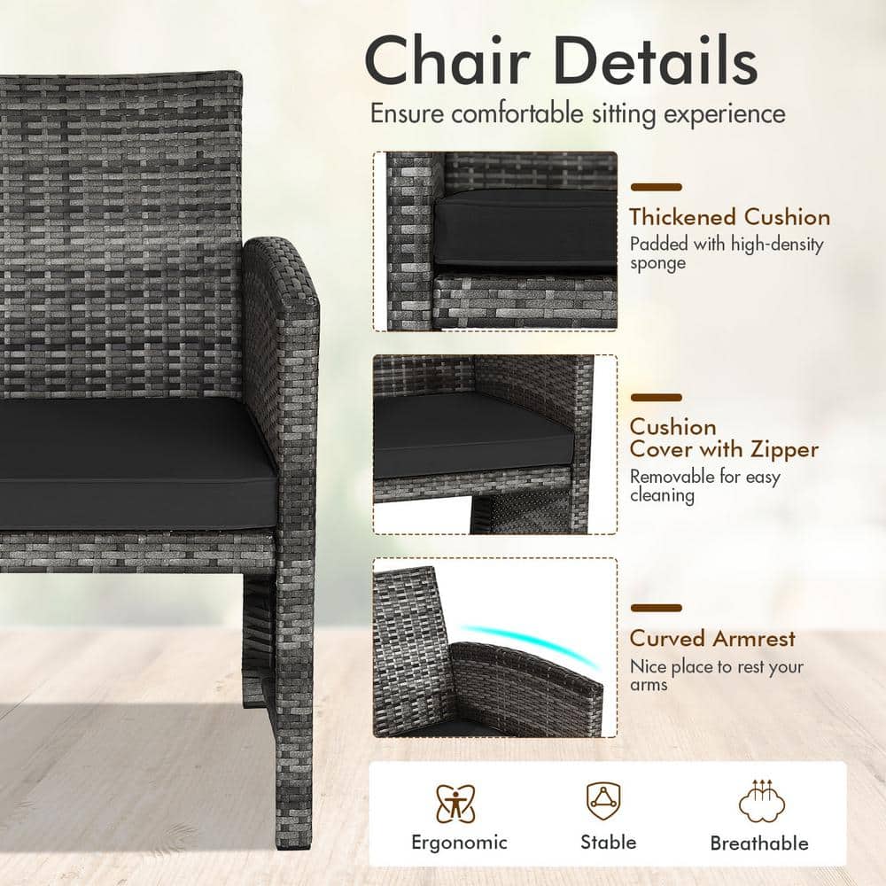 Close-up details of a wicker outdoor chair highlighting comfort features like cushions and armrests.