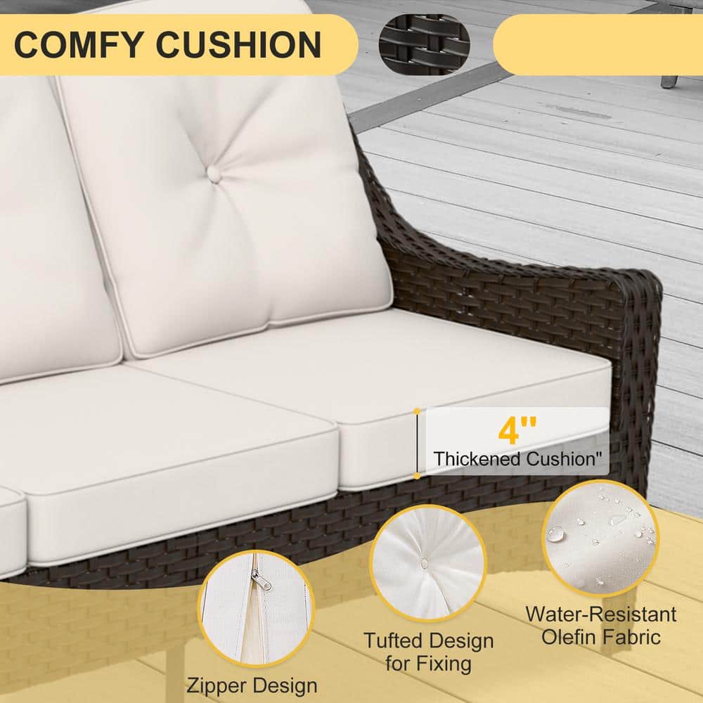 Brown Wicker 5-Piece Outdoor Patio Set with White Cushions