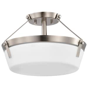 Rowen 14.63 in. 3-Light Brushed Nickel Traditional Semi-Flush Mount with Etched White Glass Shade and No Bulbs Included