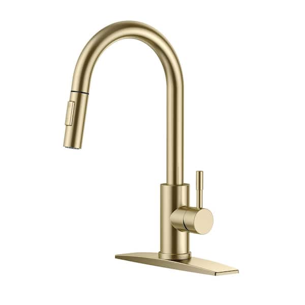 Forious pro Single Handle Pull Down Sprayer Kitchen Faucet with Removable Deck Plate Swivel Spout in Gold