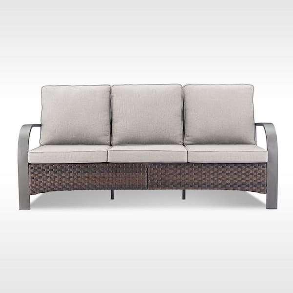 Opohoro ArcMetal Metal and Brown Wicker Outdoor 3-Seat Sectional Couch Sofa with Olefin Beige Cushions
