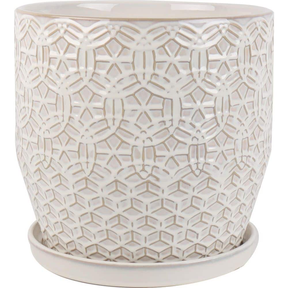 Vigoro Finley Medium Ivory Glazed Ceramic Planter with Attached Saucer and Drainage Holes (10 in. L x 12 in. W x 11 in. H) CR10853-10B