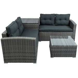 Adal 4-Piece Wicker Outdoor Patio Sectional with Large Storage Box and Gray Cushions