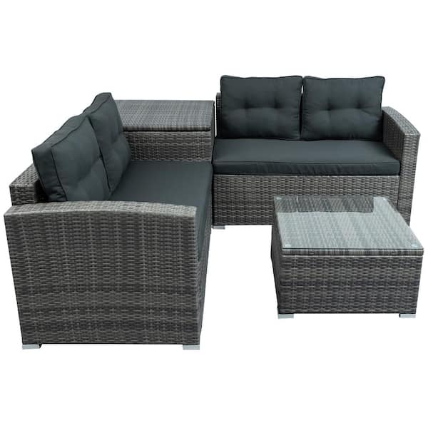 FORCLOVER 4-Piece Wicker Patio Conversation Set with Gray Cushions