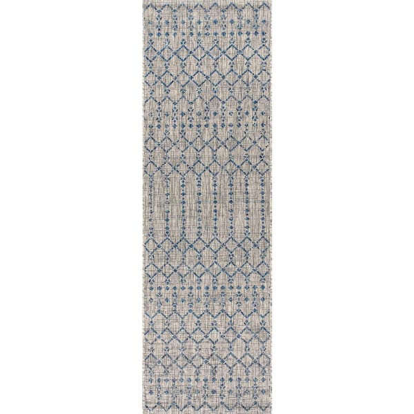 Light Gray/Navy 2 ft. x 20 ft. Runner Ourika Moroccan Geometric Textured Weave Indoor/Outdoor Area Rug