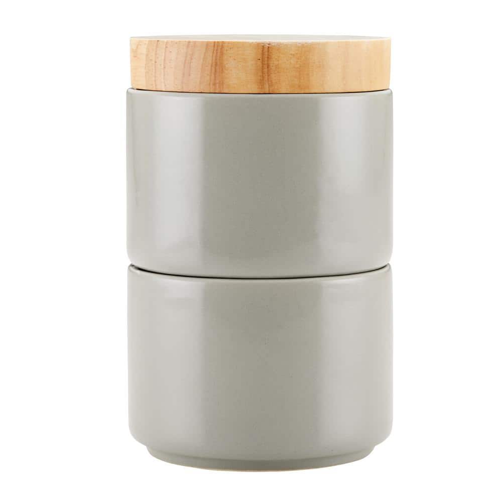 Serving Cooking Gray Ombre Rachael Ray 47990 Solid Glaze Ceramics Salt and Spice Box with Wood Lid for Seasoning 