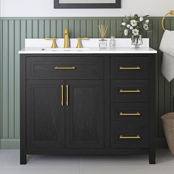 Home Decorators Collection Beaufort 42 in. W x 19 in. D x 34 in. H Single Sink Bath Vanity in Ebony Wood with White Engineered Stone Top