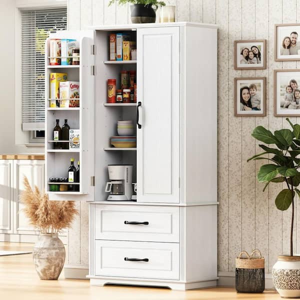 Runesay Farmhouse Embossed Texture Wood White 30.3 in. Kitchen Island cart Pantry Cupboard with 2-Drawer and Adjustable 3-Shelf