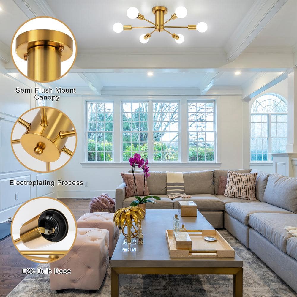 Gold 6-Light Sputnik Semi-Flush Mount Ceiling Fixture