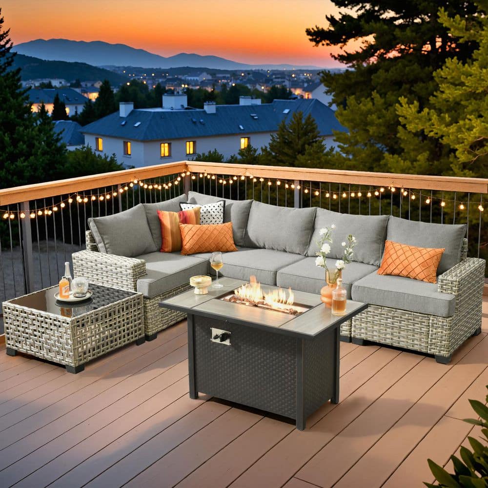 Ligne 7-Pieces Wicker Outdoor Patio Rectangular Fire Pit Sets with Dark Grey Cushions price history on PriceWatchPro