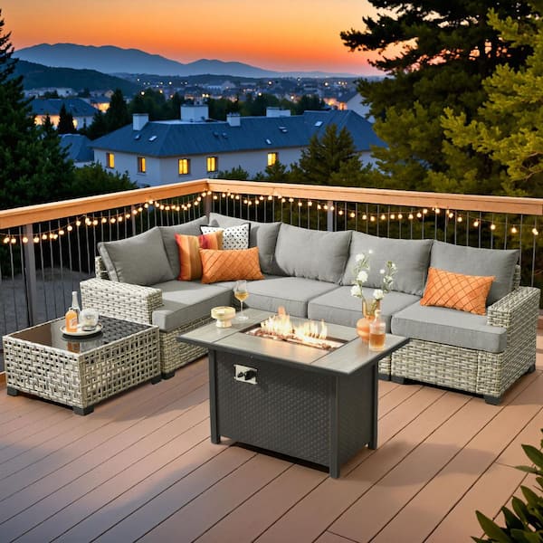 XIZZI Ligne 7-Pieces Wicker Outdoor Patio Rectangular Fire Pit Sets with Dark Grey Cushions