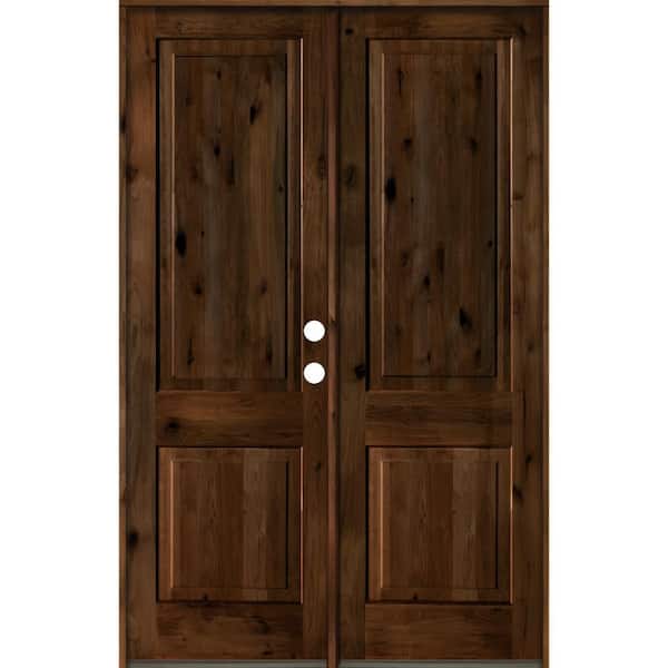 Krosswood Doors 64 in. x 96 in. Rustic Knotty Alder 2-Panel Square Top Provincial Stain Left-Hand Wood Double Prehung Front Door
