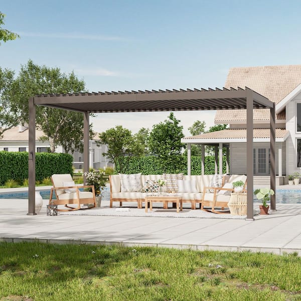 9 ft. x 14 ft. Modern Steel Louvered Pergola Outdoor Pergola with Adjustable Roof for Backyard, Dark Brown