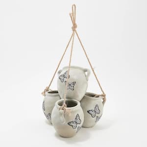 10 in. White Wash Ceramic Hanging Basket 4 Pot Planter