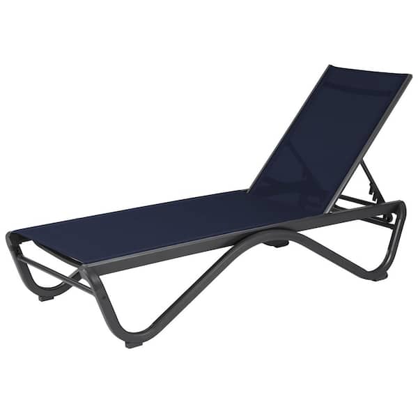 Patio Chaise Lounge Chair Outdoor Reclining Adjustable Chair Flat Recline Chair for Sunbathing (Navy Blue Textilene)