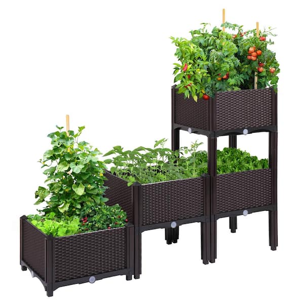 JAXPETY Rattan-Style Plastic Raised Garden Bed Planter Kit Set of 4 with 16 Legs 