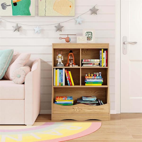 26.5 in. Wide Natural 5-Shelves Kids Bookcase with Anti-Tipping Kits Multi-functional Display Rack