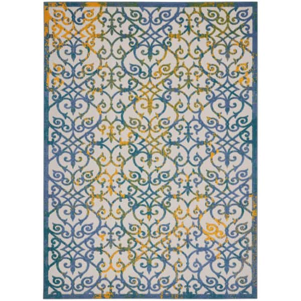 Nourison Aloha Ivory Blue 7 ft. x 10 ft. Floral Contemporary Indoor/Outdoor Patio Area Rug