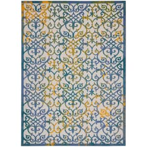 Aloha Ivory Blue 7 ft. x 10 ft. Floral Contemporary Indoor/Outdoor Patio Area Rug