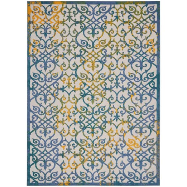 Nourison Aloha Ivory Blue 12 ft. x 15 ft. Floral Contemporary Indoor/Outdoor Patio Area Rug