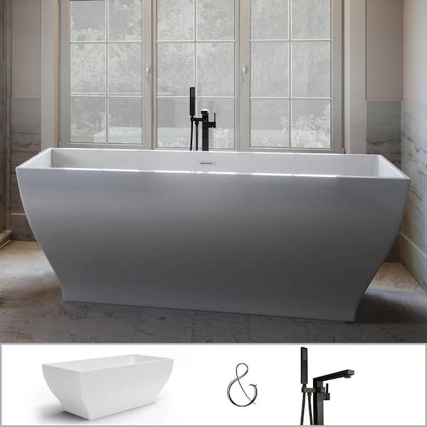 PELHAM & WHITE Manchester 63 in. Acrylic Angled Rectangle Freestanding Bathtub in White, Floor-Mount Square-Post Faucet in Matte Black